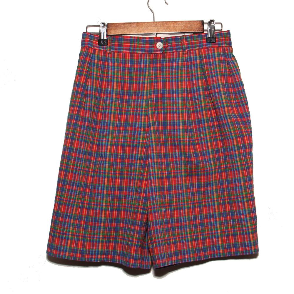 Vintage David Brooks Plaid Seersucker Bermuda Shorts Size 8 Pleated waist